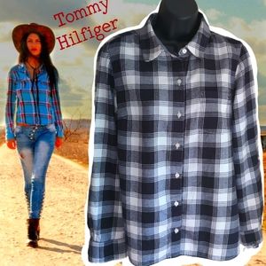 🗺️ Tommy Hilfiger, Blue & White Plaid Button Down Women's Flannel, Small EUC